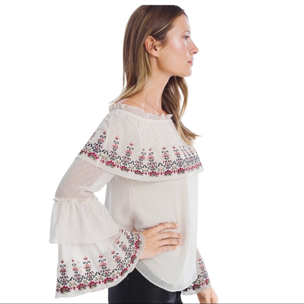 SOLD - White House Black Market Ivory Floral Embroidered Blouse, Size Large NWT